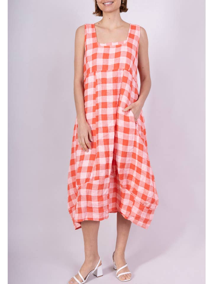 LINEN & COTTON HOUSE - Wholesale Dress β Women's - LINEN DRESS WITH POCKETS, GINGHAM CHECK PATTERN 32232