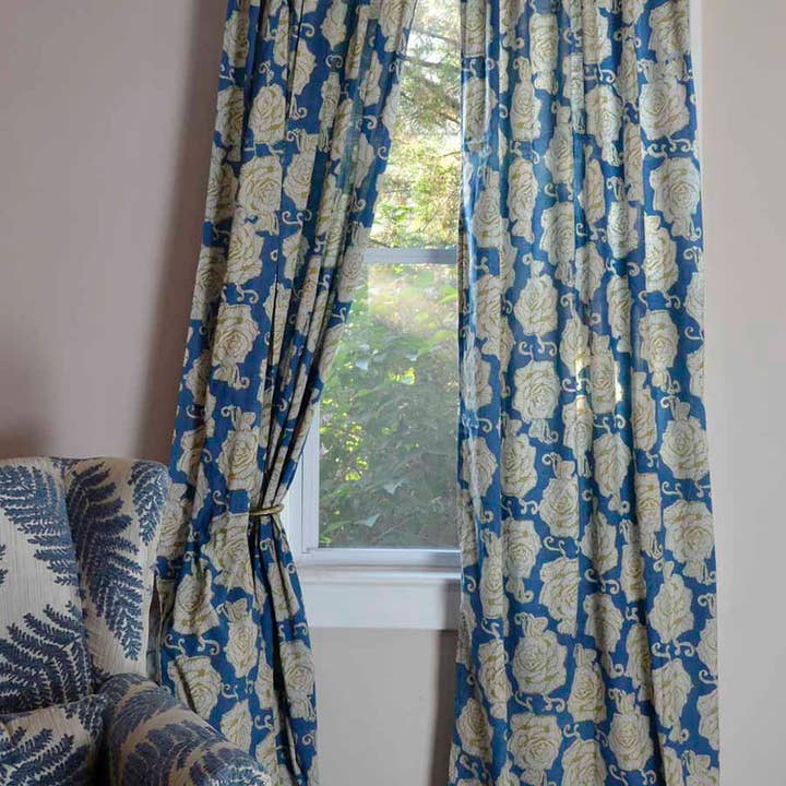 Ichcha - Wholesale Curtain - Light Blue & Gold Window Room Curtains Drapes - Rose Gold