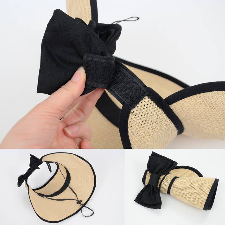 AK Brand - Wholesale Visor – Women's - Women Roll-Up Straw Sun Visor with Bow Detail Adjustable Hat11