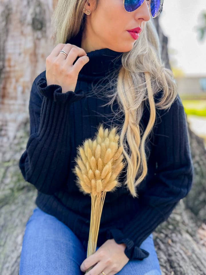 Black Ruffle Sleeve Ribbed Turtleneck Knit Sweater for wholesale on Faire3