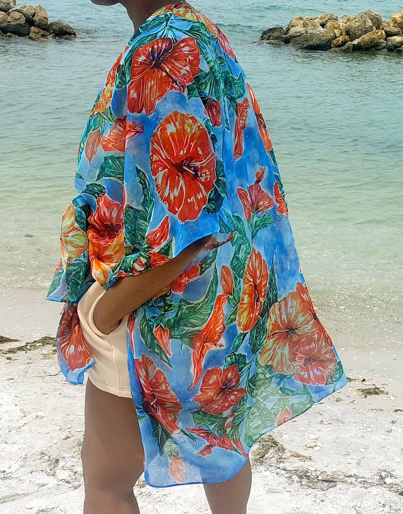 Ebonaiti - Wholesale Kimono - Women's - Hibiscus Kimono Beach Cover Caribbean tropical watercolor2