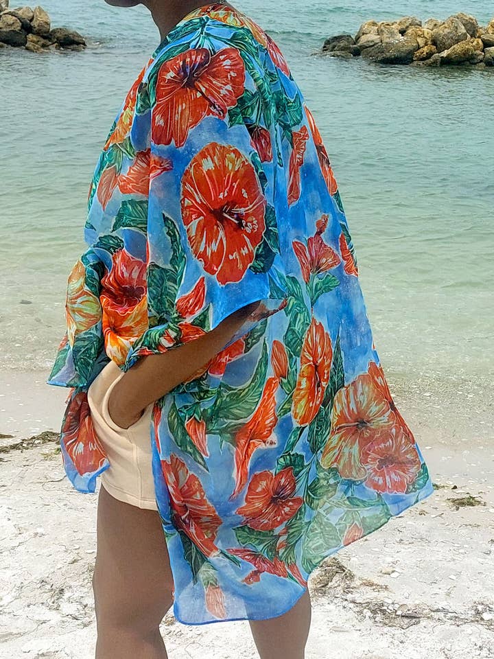 Ebonaiti - Wholesale Kimono - Women's - Hibiscus Kimono Beach Cover Caribbean tropical watercolor2