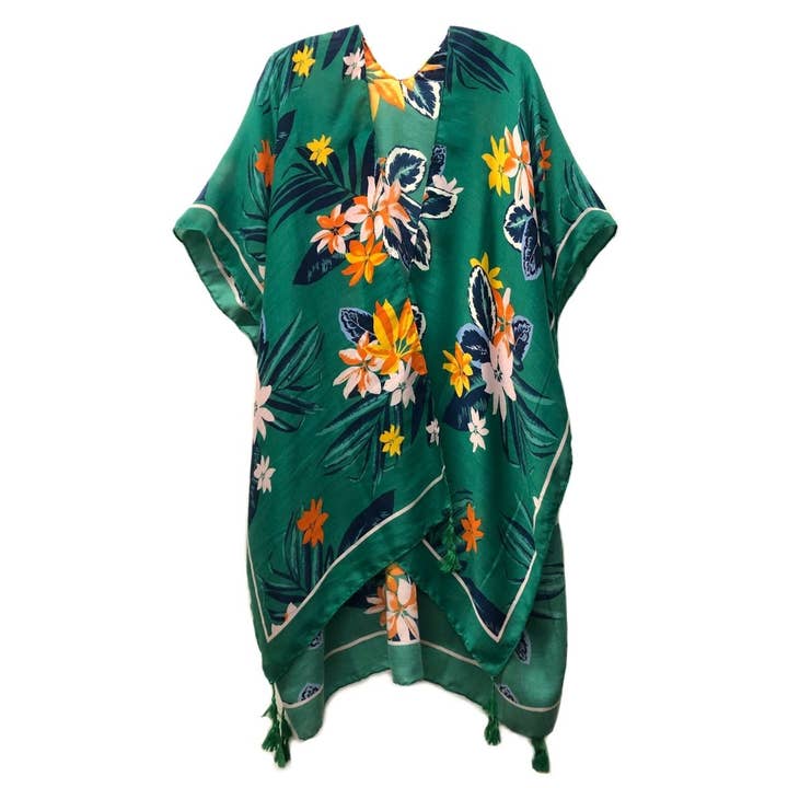 PinktownUSA - Wholesale Kimono - Women's - Green Tropical Floral Tassel Kimono