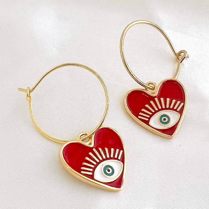Golden Hour Designs – Brincos de argola por atacado – Brincos de Argola Coração de Proteção - Olho Grego, Esmalte, Místico0