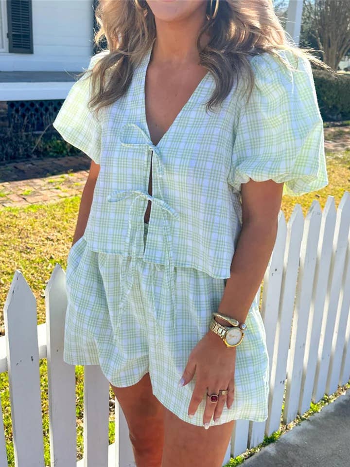 Rosa Clothing - Wholesale Lounge Set - Women's - V-Neck Lace-Up Puff Sleeve Top Shorts Plaid Set