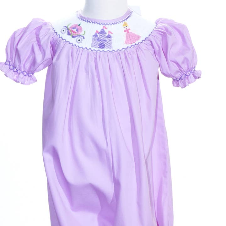 Purple Princess Smocked Short Sleeve Bishop Romper for wholesale by Hello Bebes!