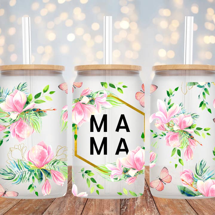 Mama Pink Floral Glass Tumbler for wholesale by The Potted Oasis