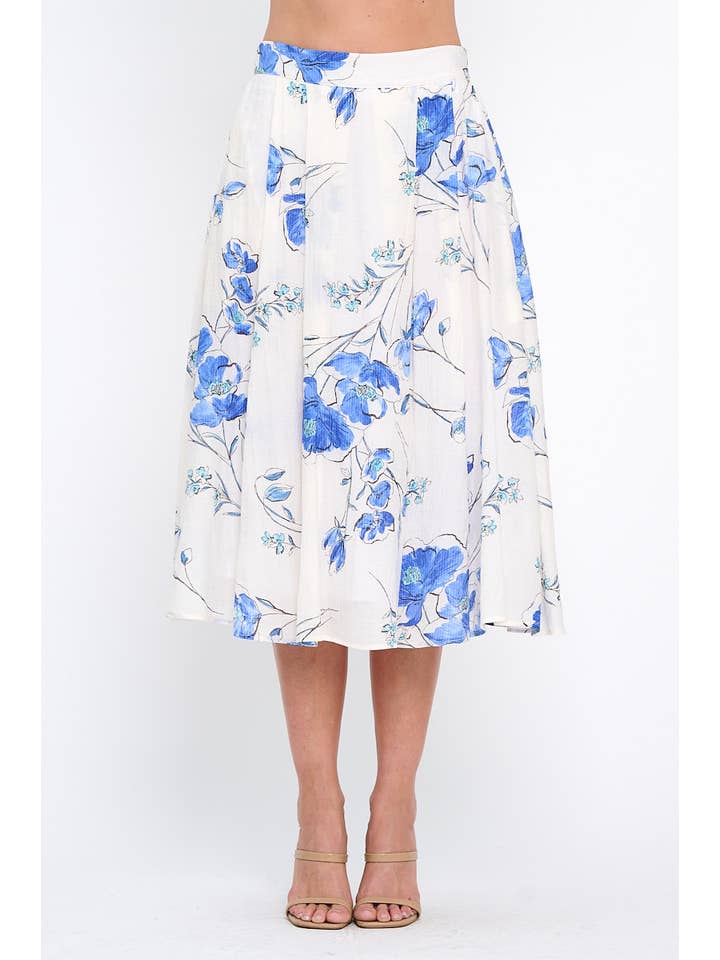 White blue Made in USA Floral Print Midi Skirt with Lining and Pockets for wholesale on Faire