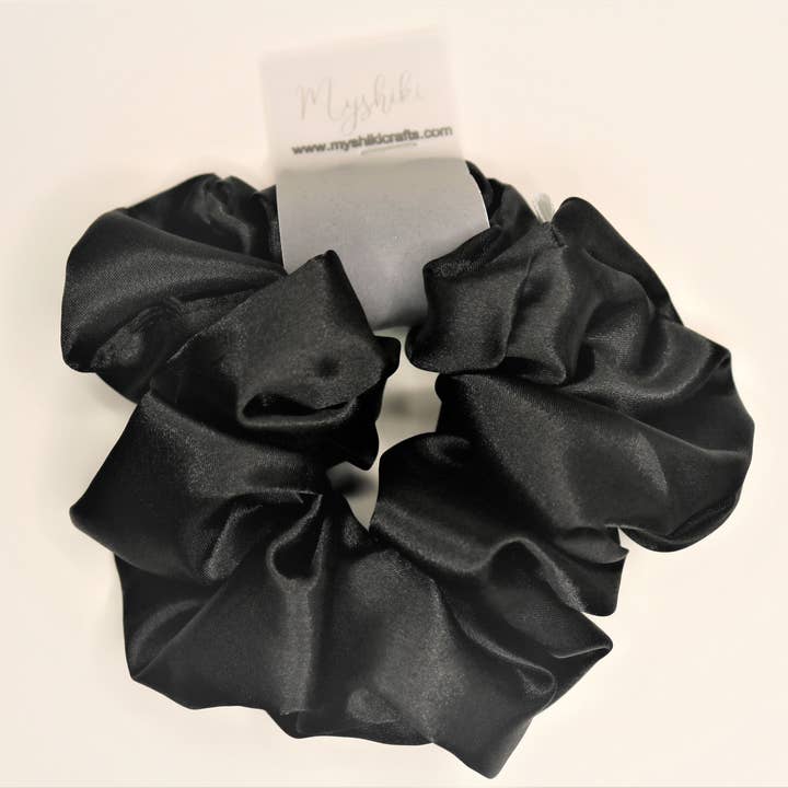 Solid Satin Scrunchie Black for wholesale by MyshikiCrafts, LLC.