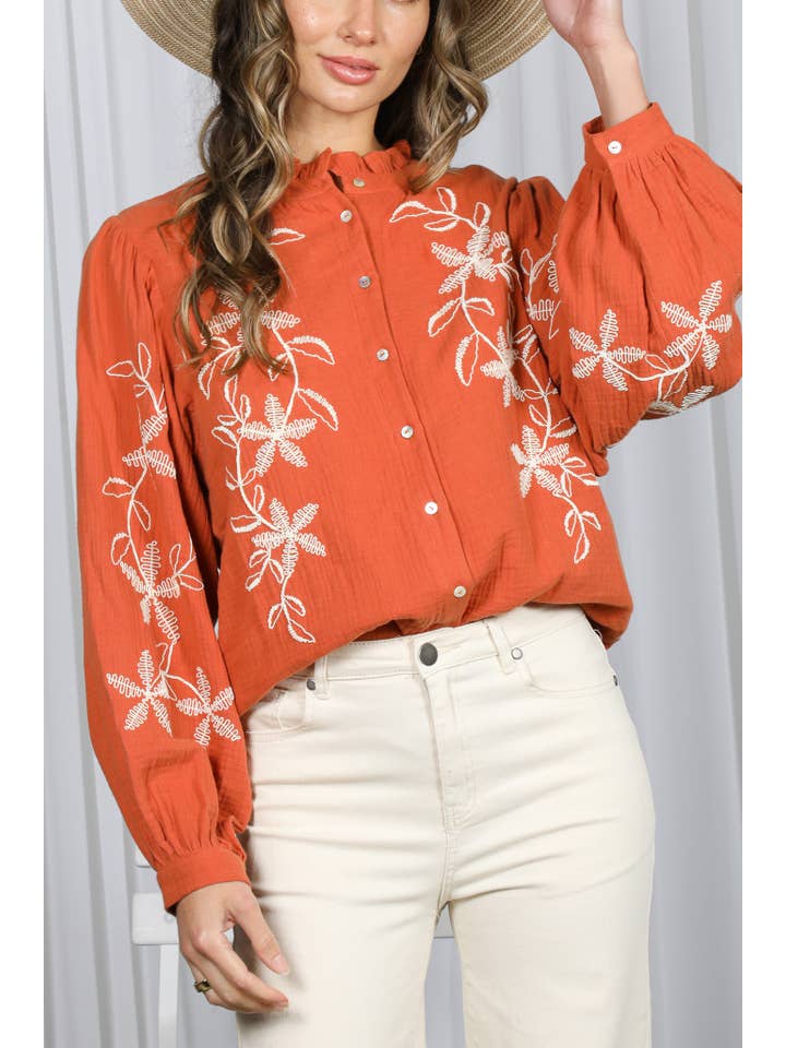 Vine & Love - Wholesale Blouse - Women's - Floral Embroidered Ruffle Neck Bohemian Blouse VT83000