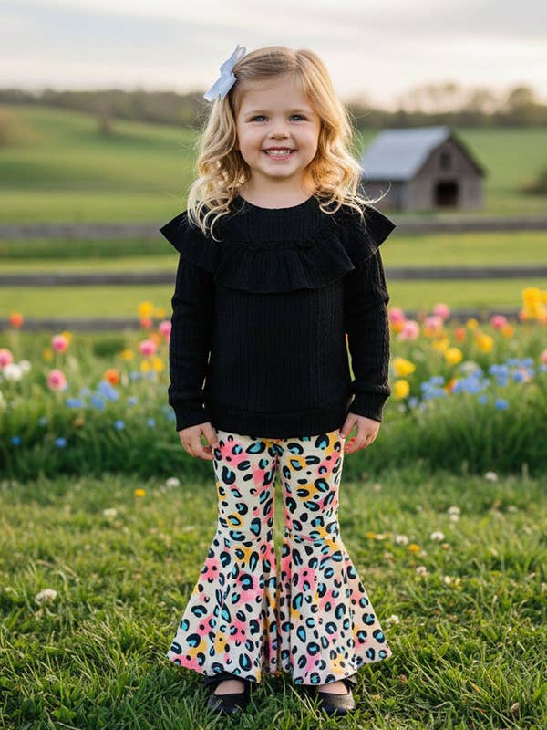 XCH0024-1H Wholesale black ruffle top Leopard pant girls set for wholesale by luluclothes