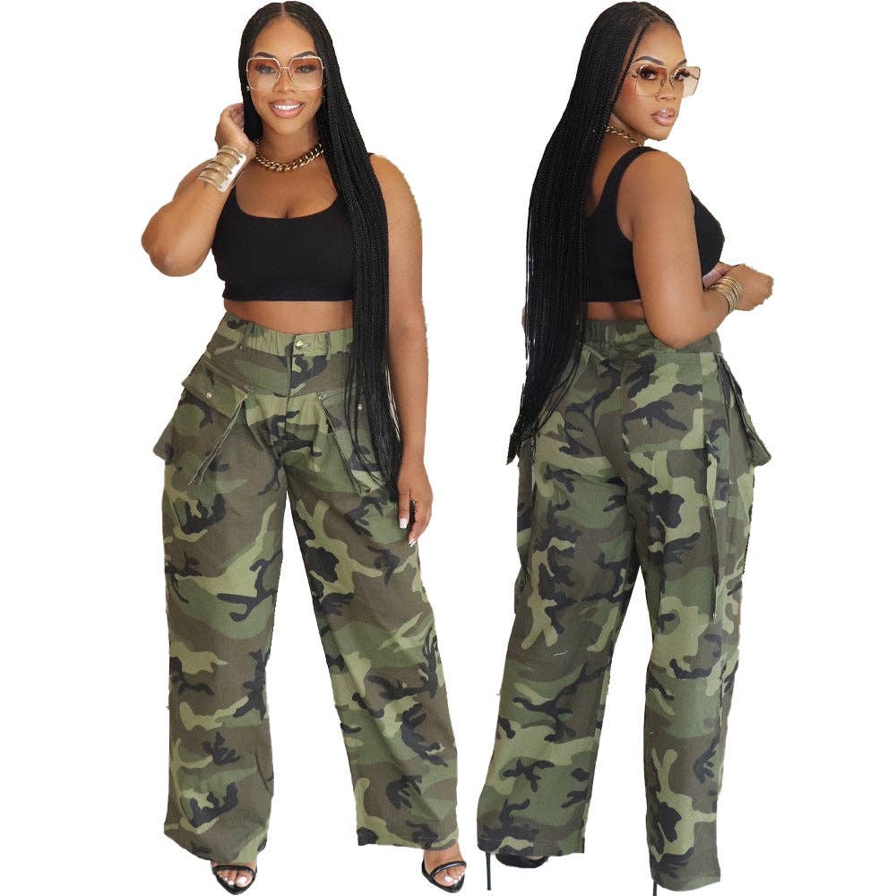 Army Green Women Fashion Casual Camouflage Printed Wide Leg Pants for wholesale on Faire2