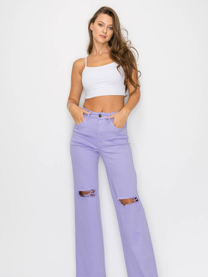 LVB-230 LILA, DEHNBARE, FARBIGE JEANS MIT HOHER TAILLE UND WEITEM BEIN für den Großhandel von Denim Zone U.S.A.