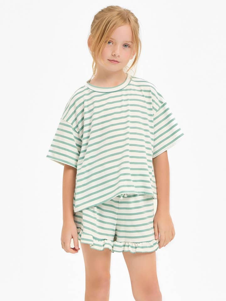 Good Girl - Wholesale Top & Short Set - Kids - Stripe Crop Top and Ruffle Shorts Set
