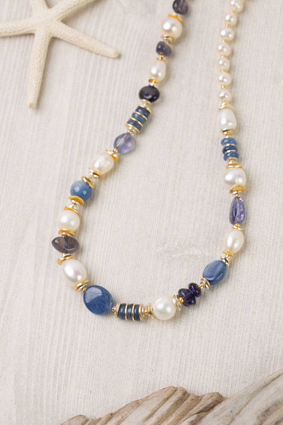 Anne Vaughan Designs Jewelry – wholesale Beaded/pearl necklace – Seaside 21.5-23.5" Freshwater Pearl, Kyanite, Iolite Collage Necklace2