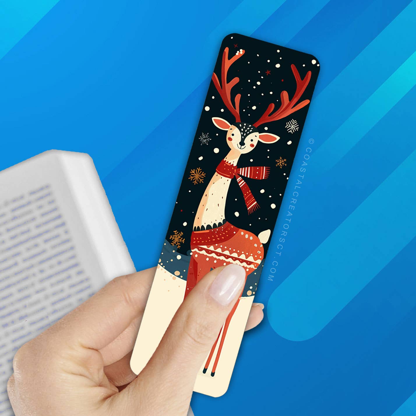 Coastal Creators of Connecticut - Wholesale Bookmark - Christmas Folk Art Winter Reindeer Glossy Laminated Bookmark1