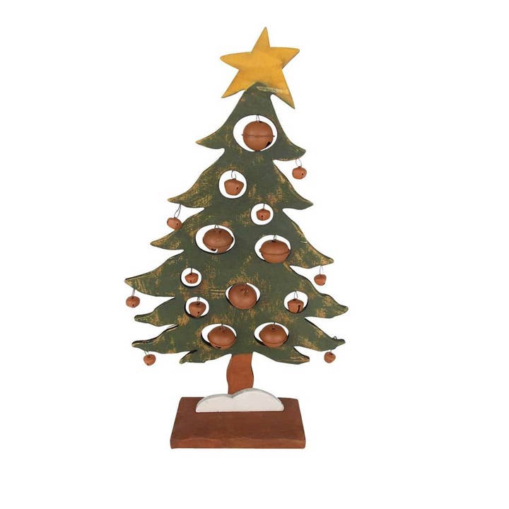 Træ Bordplade Juletræ på Base med klokker og stjerne - 17.5" Tall for engroshandel hos Birch Maison