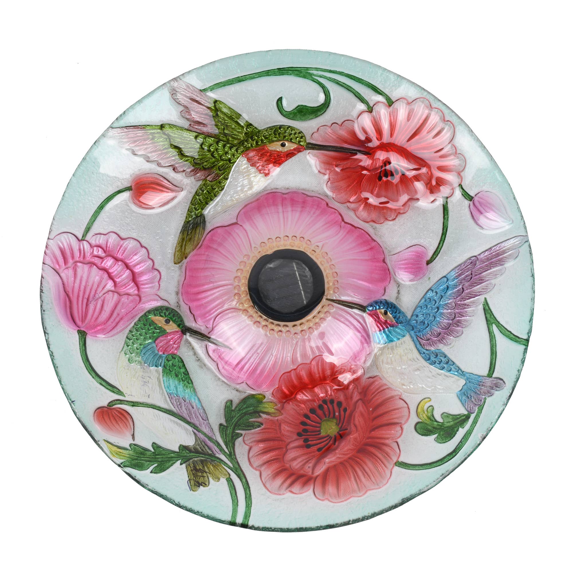 Hi-Line Gift Ltd. - Vente Bain pour oiseaux - Bain d'oiseaux en verre floral à LED solaire - Colibri et coquelicots8