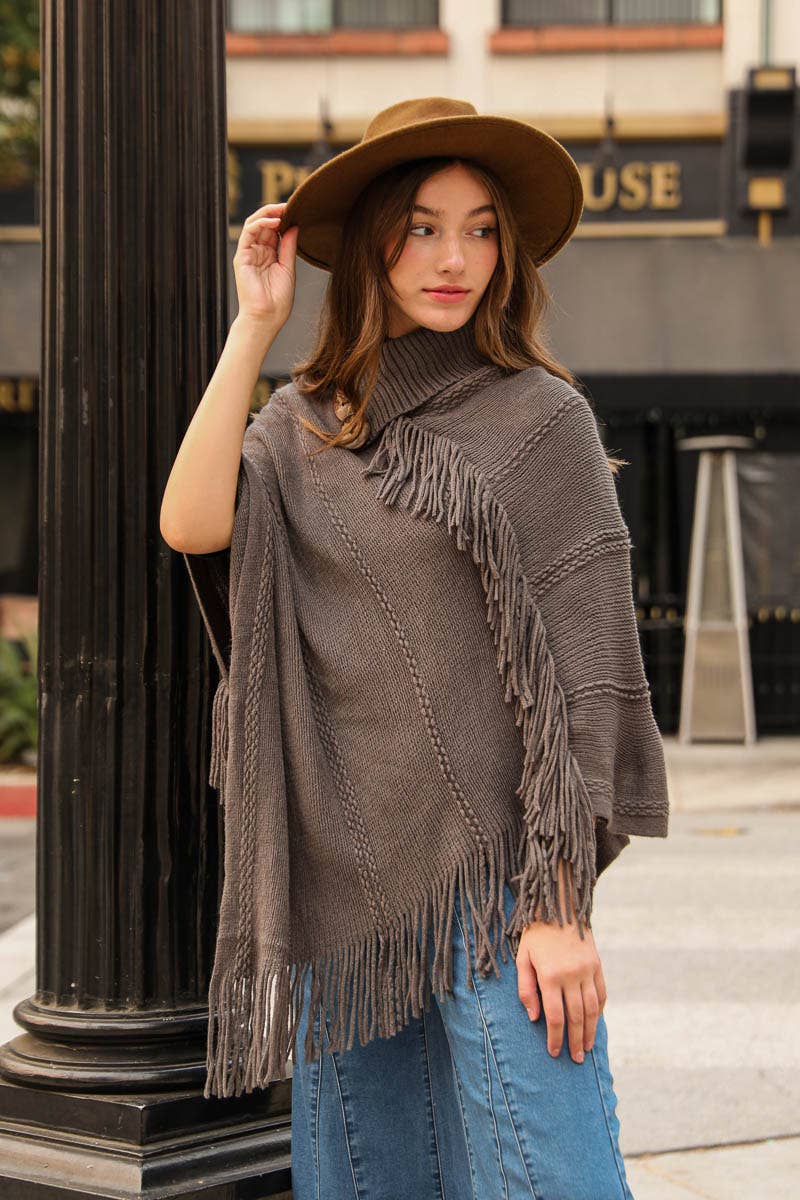 Leto Accessories - Wholesale Poncho - Women's - Button Neck Fringe Poncho - Fall & Winter Essential8