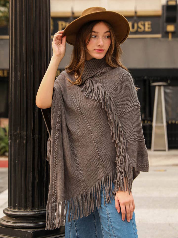 Leto Accessories - Wholesale Poncho - Women's - Button Neck Fringe Poncho - Fall & Winter Essential8