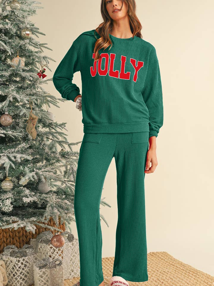 Conjunto de Top de Manga Comprida e Calças com Bolsos em Padrão JOLLY de Canelado Verde Sempre-Vivo por atacado de Kustom Kreations Goods