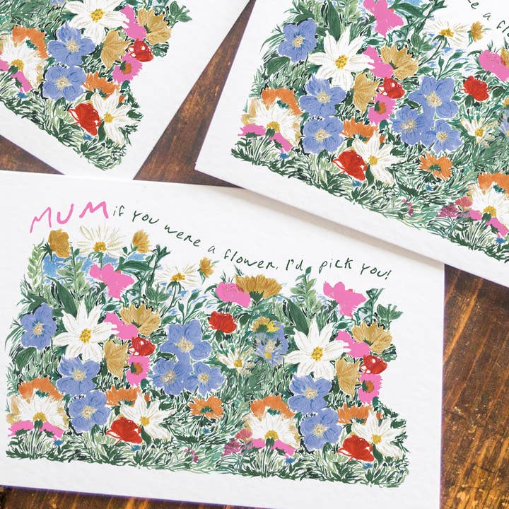 Mum 'If you were a flower I'd pick you' card pink neon ink for wholesale by Katie Dyer