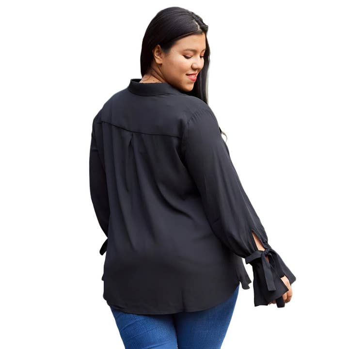 Pleione Plus Size Self-tie Bell Cuff Button Down Shirt Blouse In Black for wholesale on Faire2