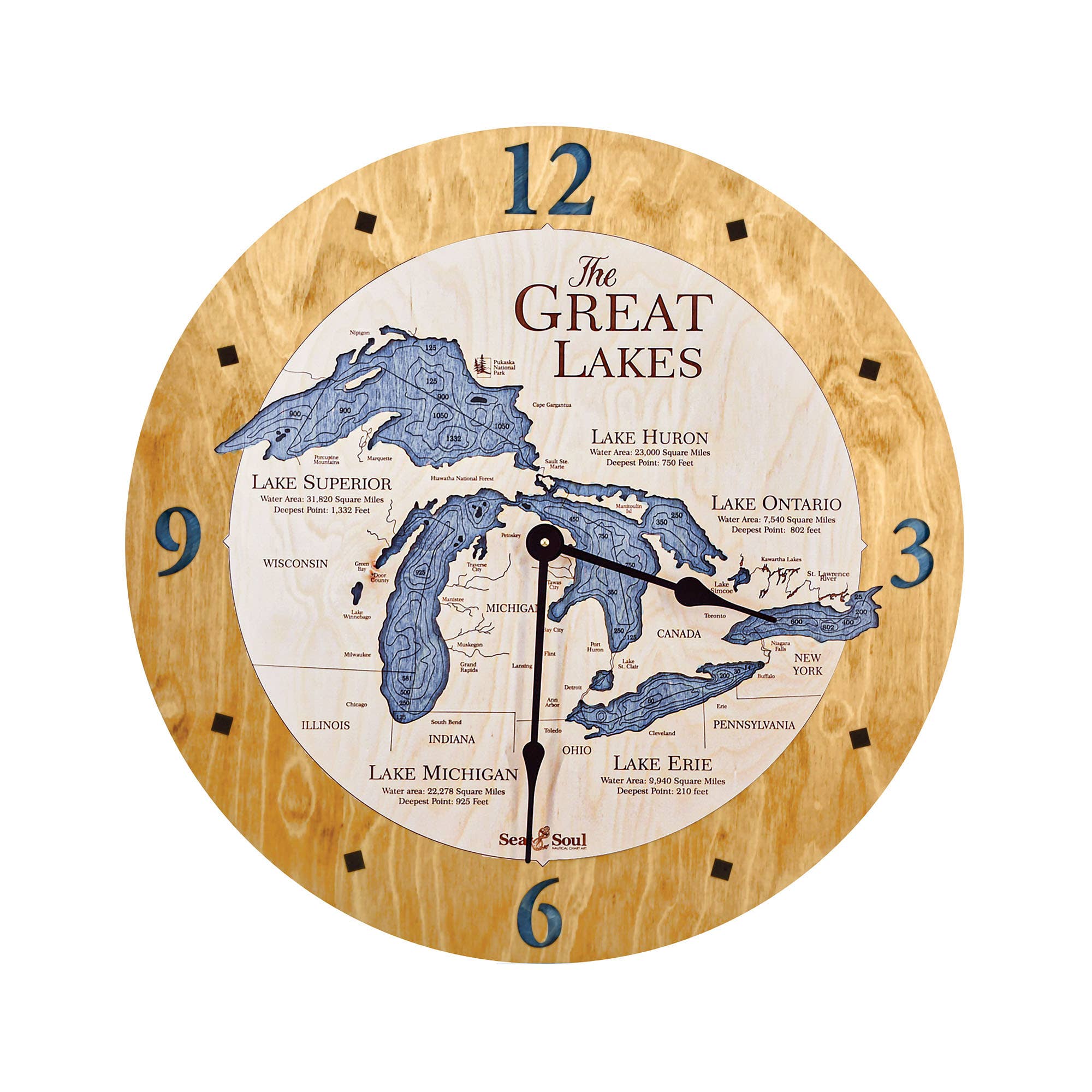 Sea & Soul Nautical Chart Art - Wholesale Muurklok - Great Lakes 3D Nautische kaart houten wandklok - 2 niveaus7