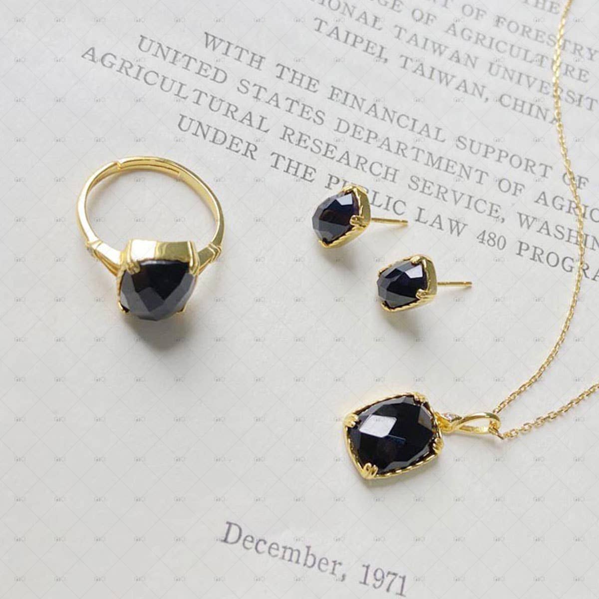 Gioiellin - S925 Silver Jewelry - Vente Bague de cocktail/de cérémonie - Ensemble de colliers et boucles d'oreilles en argent S925 avec anneau et onyx noir antique2