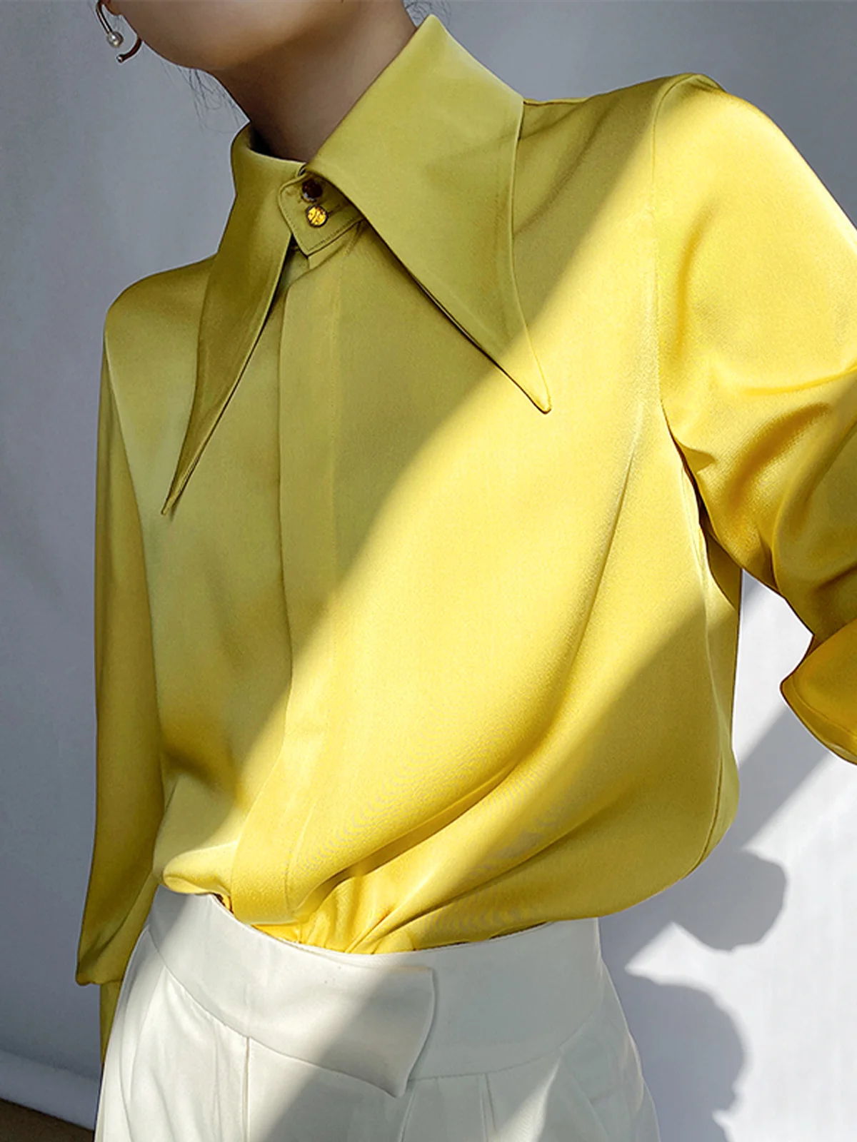 YELLOW button up long sleeve shirt pure color blouse for wholesale on Faire1