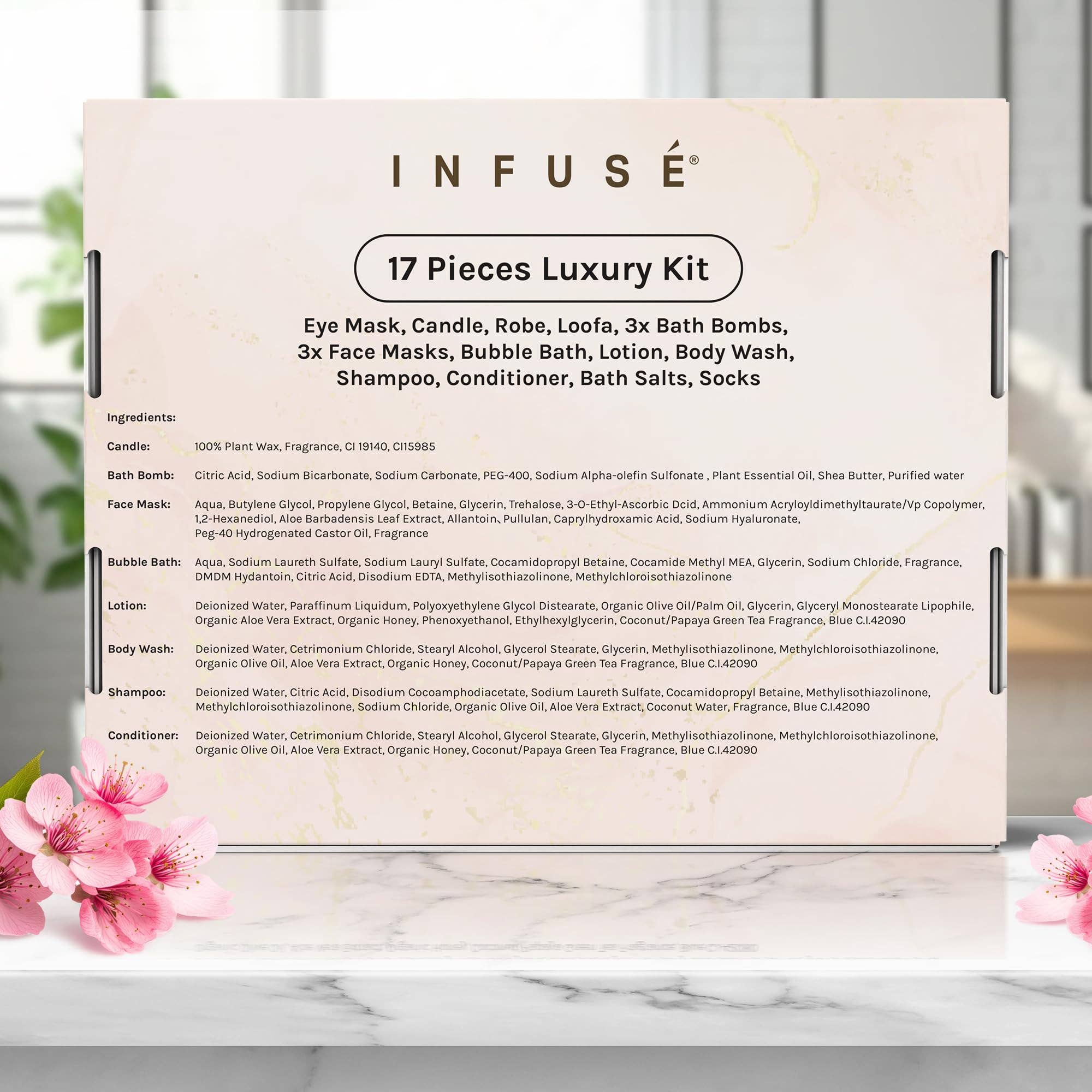 Diversified Hospitality Solutions – wholesale Gift box – 17-Piece Luxury Gift Set with Robe | Complete INFUSÉ White Tea & Coconut Bath Collection | Self-Care Kit with Bath Bombs, Face Masks & Hair Care8