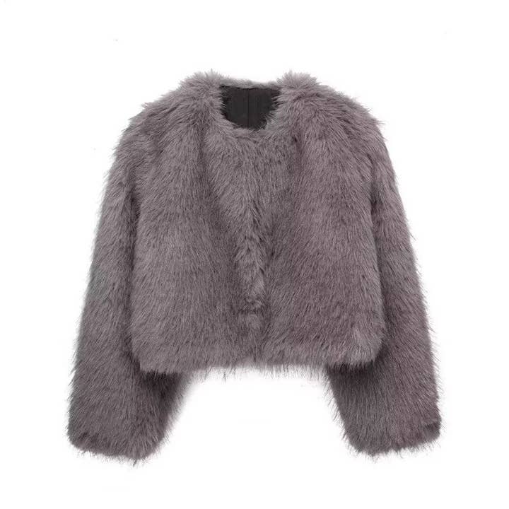 Stylish Faux Fur Jacket With Round Neck In Solid Color for wholesale by FurDecoration
