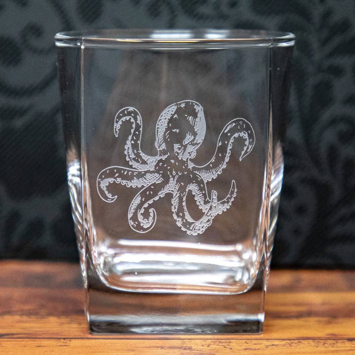Octopus Beach Coastal Etched Drinkware Barware for wholesale by Gifts of Glass & Wear