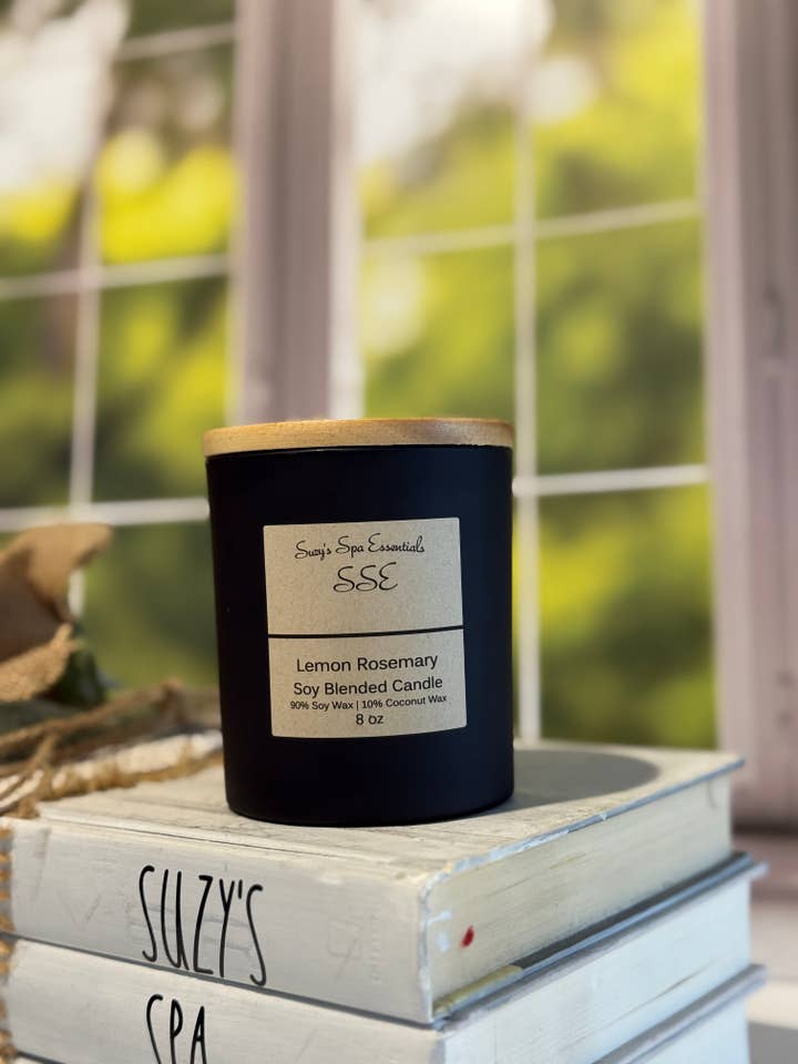 Vela de soja de limón y romero de 8 oz en tarro negro para venta al por mayor de Suzy Spa Essentials