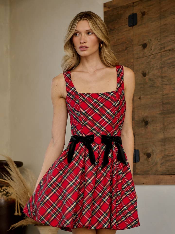 Seliora Plaid Bow Mini Dress for wholesale by Sugarlips