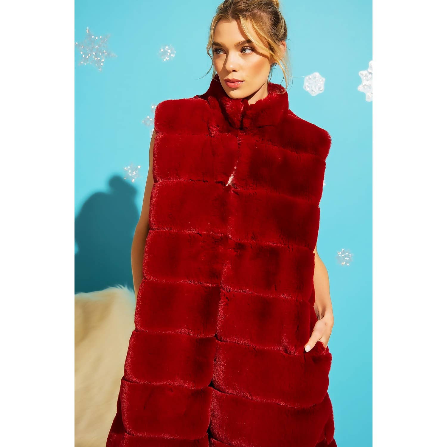 Sweet Generis - Vente Veste sans manches – femme - GILET BOUFFANT LONG EN FOURRURE À COL MONTANT3