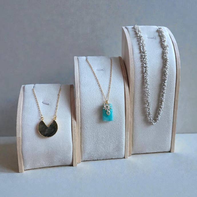 Suede Stand Jewelry Display: Cream Pine Wood Necklace Display for wholesale by Display It