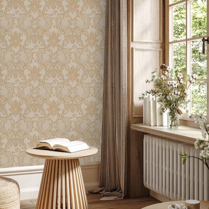 Vacker guldljus färg damask djup präglad texturerad tapet, glänsande elfenben, icke-vävd, icke-vidhäftande, extra stor 114 kvm rulle, lyx för wholesale av Walloro Luxury Embossed Wallpaper