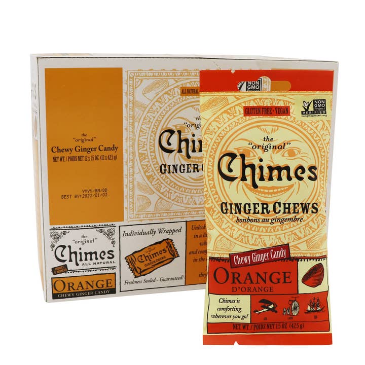 Chimes Orange Ginger Chews Candy, 12ct Case for wholesale by Grandpa Joe's Candy Shop