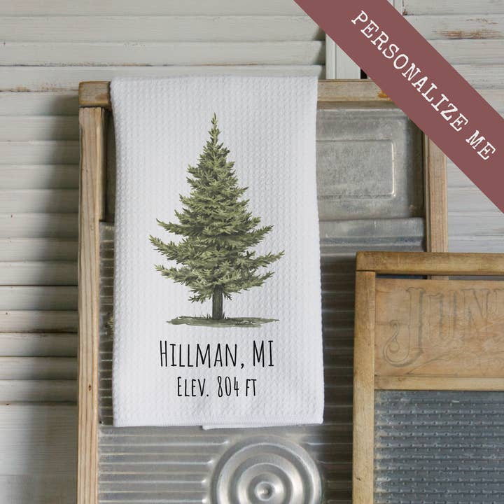 Custom Mountain Theme Pine Tree Town Name Kitchen Tea Towel for wholesale by Middlefork & Co.