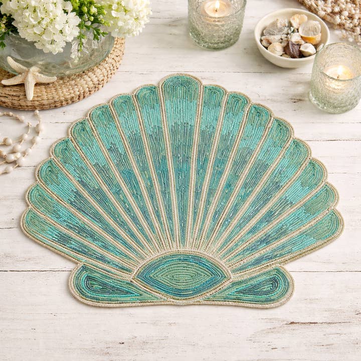 Coastal Sea Shell Beaded 15" Round Placemat for wholesale by Fennco Styles