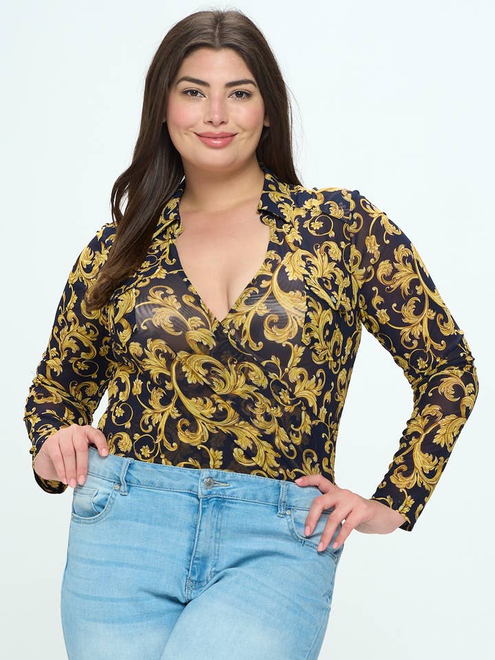 Plus Size Mesh Print Bodysuit for wholesale by DNA Couture