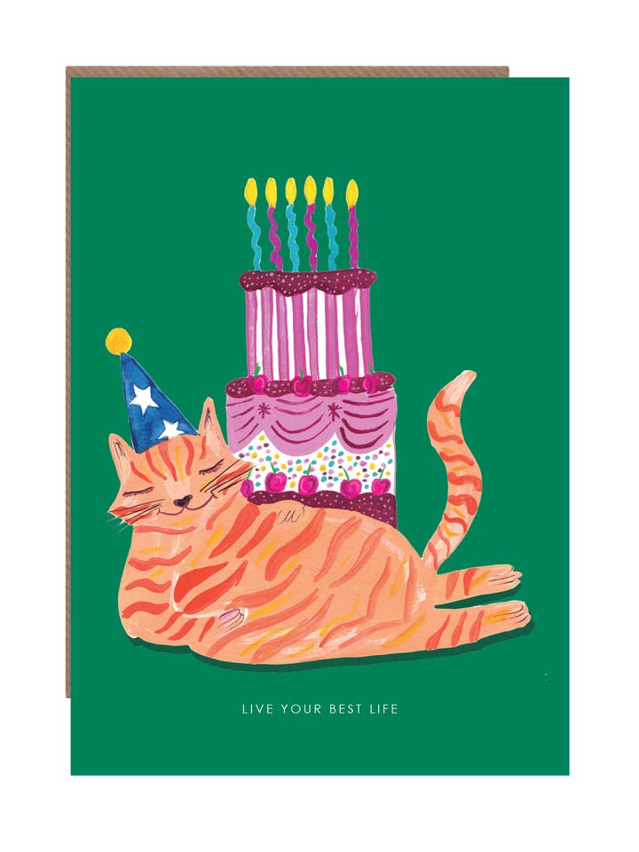 Carte de vœux d'anniversaire "Chat de fête et énorme gâteau" pour la vente par Hutch Cassidy