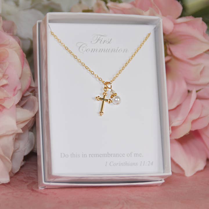 First Communion Cross Pearl Necklace CJ-399 for wholesale by Collectables America