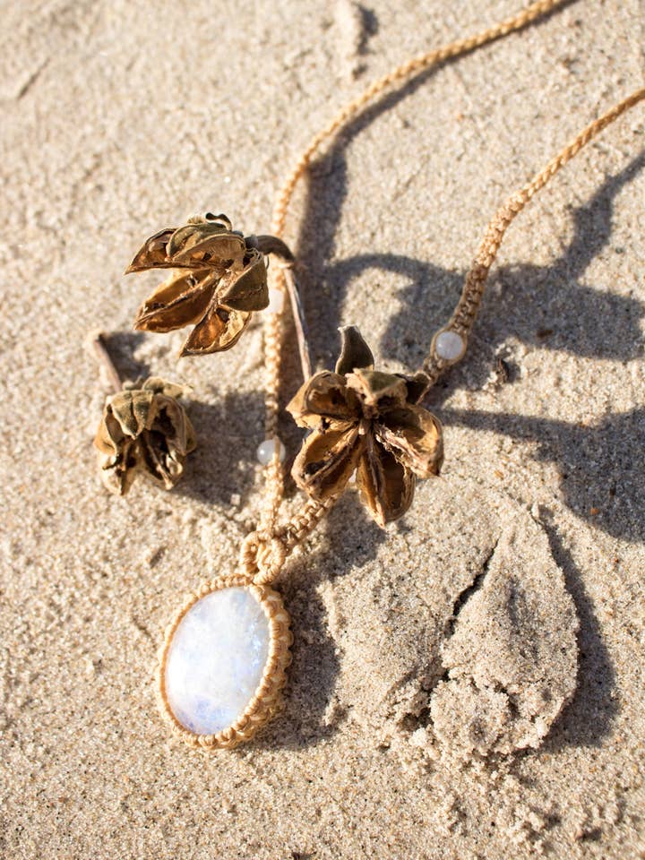 Oval Moonstone Pendant with Moonstone Beads- Macramé Cord for wholesale by Meelah Collections