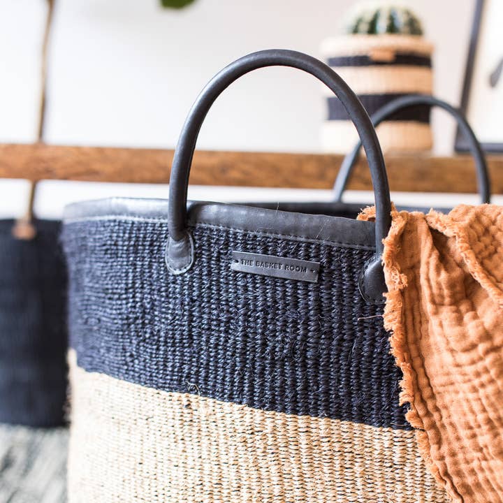 The Basket Room – wholesale Laundry basket – KUNDI: Natural Black Colour Block Woven Laundry Basket | Log Basket | Storage Basket with Handles | Blanket Basket | Laundry Hamper3