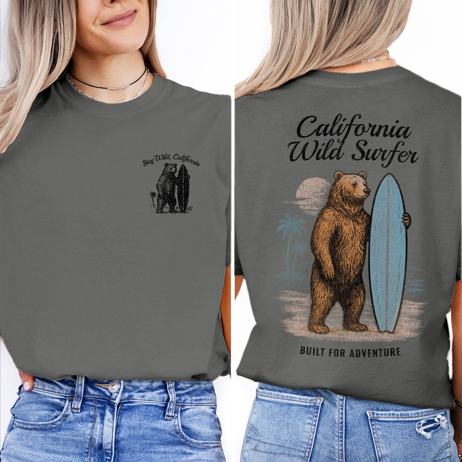 Textile Graphix - Wholesale Screen Printed T-Shirt - Women's - California Wild Surfer T-Shirt, Bear Surfing Tee, Stay Wild California Shirt, Vintage Coastal Adventure Graphic Tee1