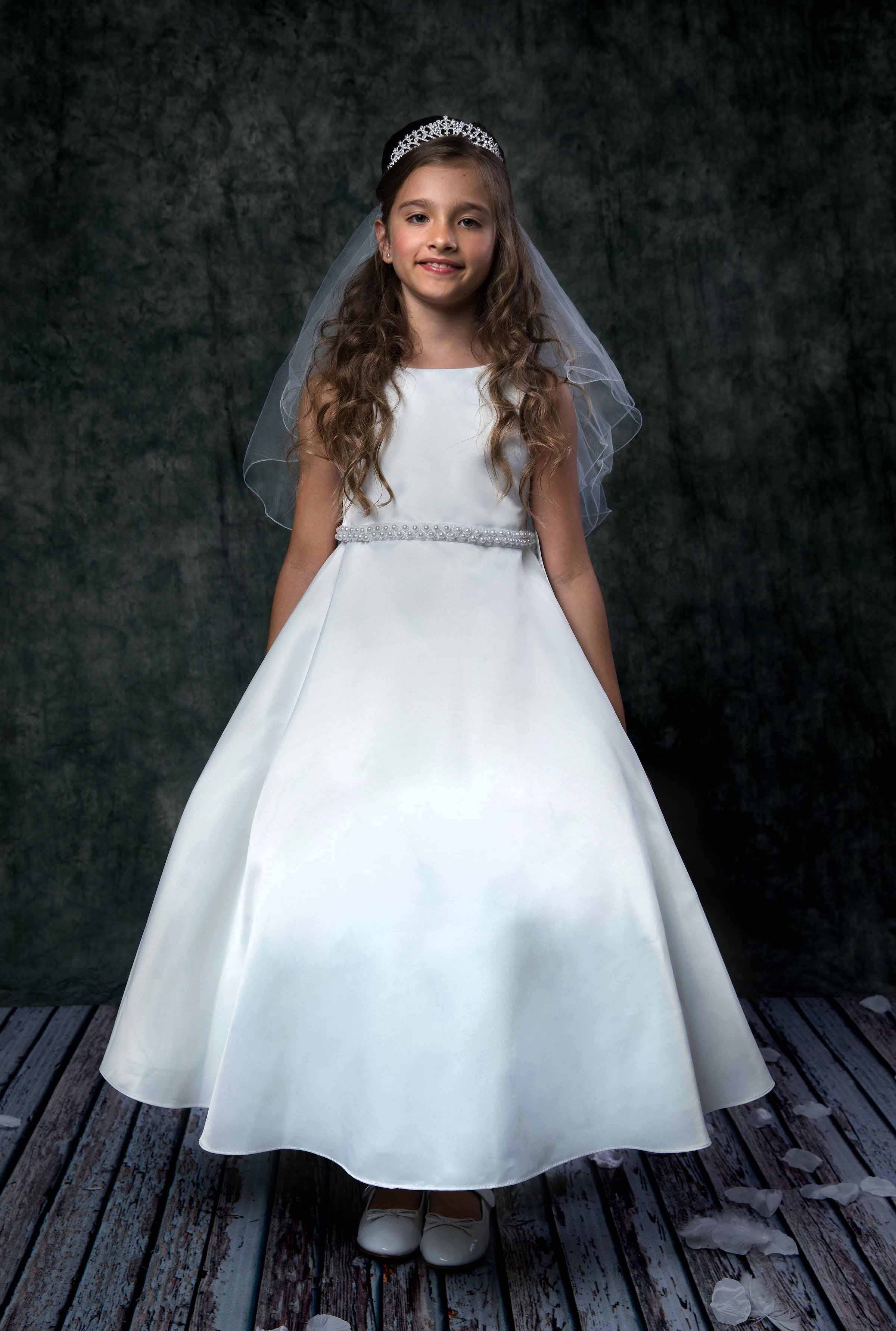 Kid's Dream - Wholesale Dress - Kids - Long Satin Pearl Trim Girls Communion Dress with Plus Sizes6
