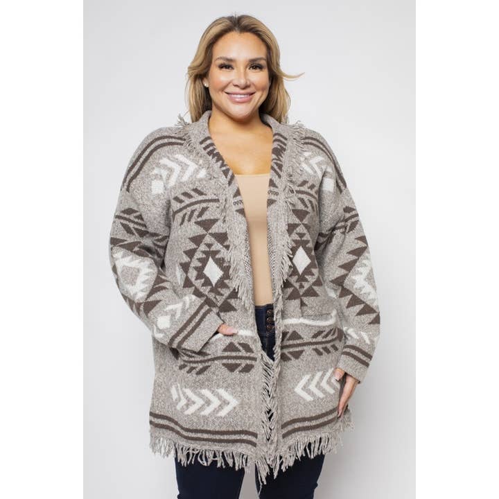 PLUS SIZE BOHO AZTEC FRINGE SWEATER CARDIGAN for wholesale by Curve Market