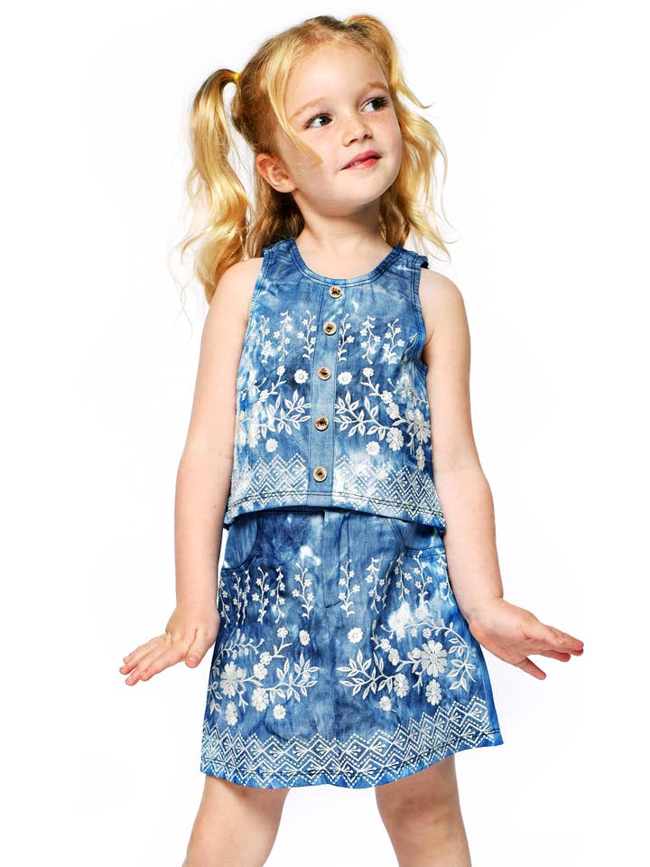 BLUE MULTI EMBROIDERED TOP W/ SMOCKED BACK for wholesale on Faire